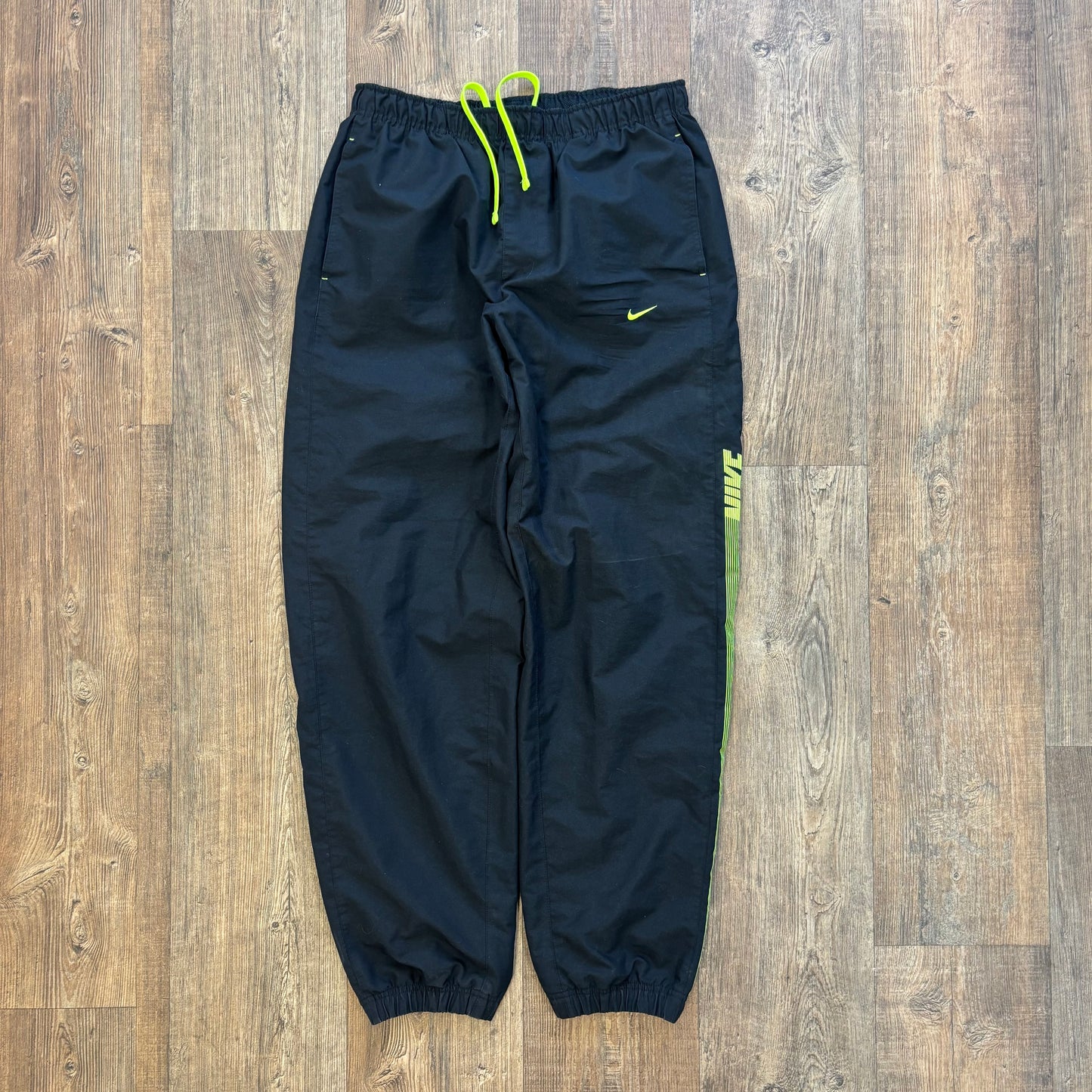 Nike spell out tracksuit bottoms black and neon (L)