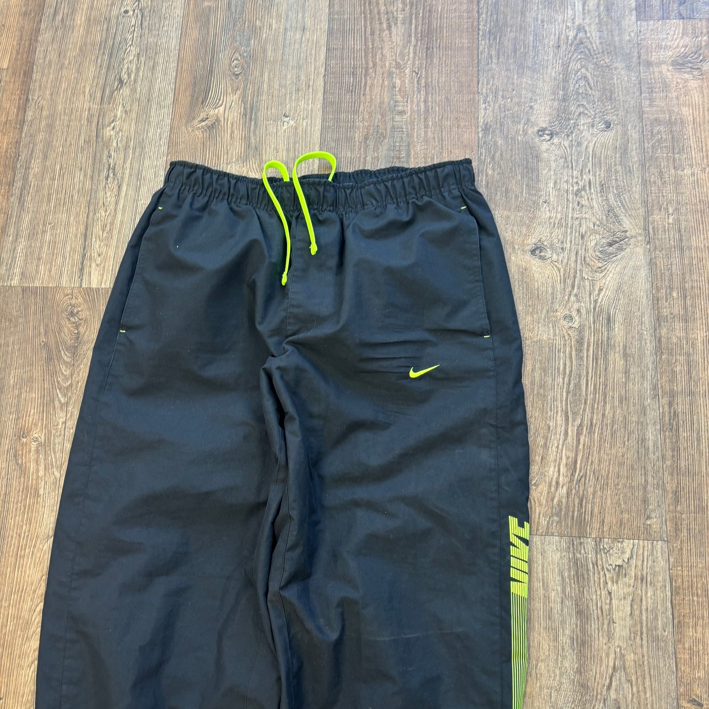 Nike spell out tracksuit bottoms black and neon (L)